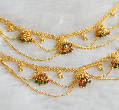 Gold tone pink-green beaded jhumkka double layer ear side chain dj-46708