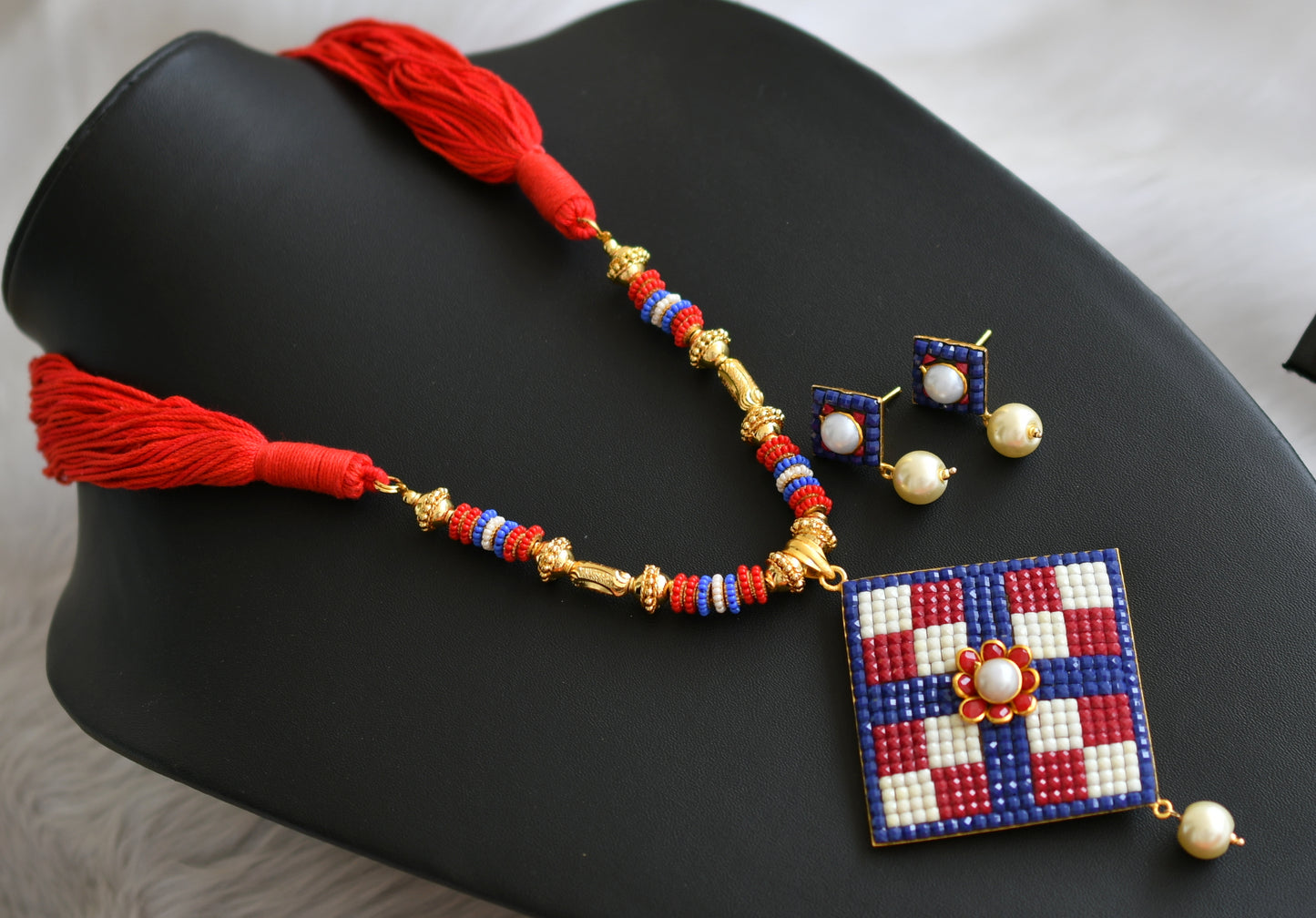 Gold tone Handmade red-blue Pachi pendant necklace set dj-03570