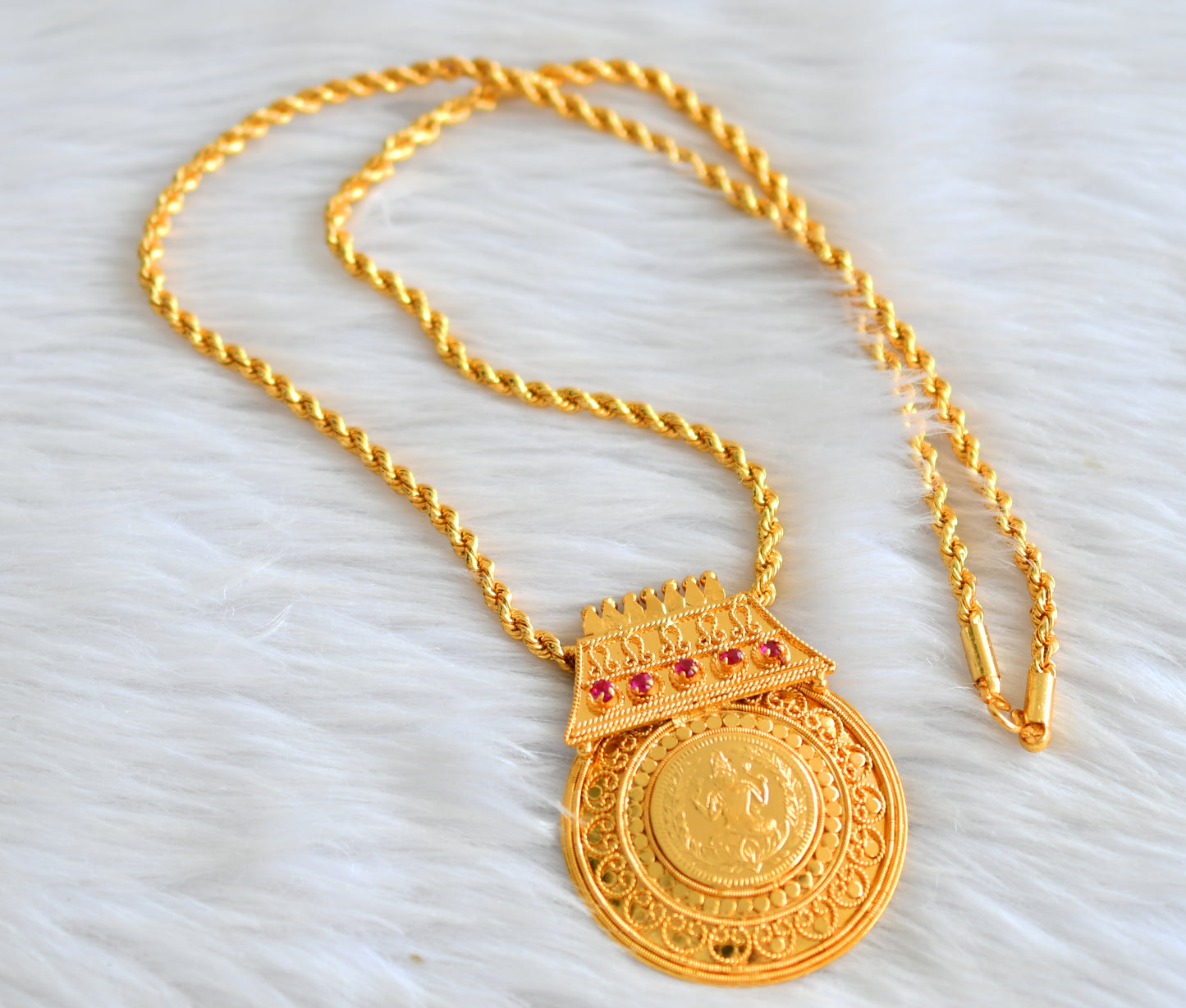 Gold tone 24 inches chain with pink lakshmi round pendant dj-43451