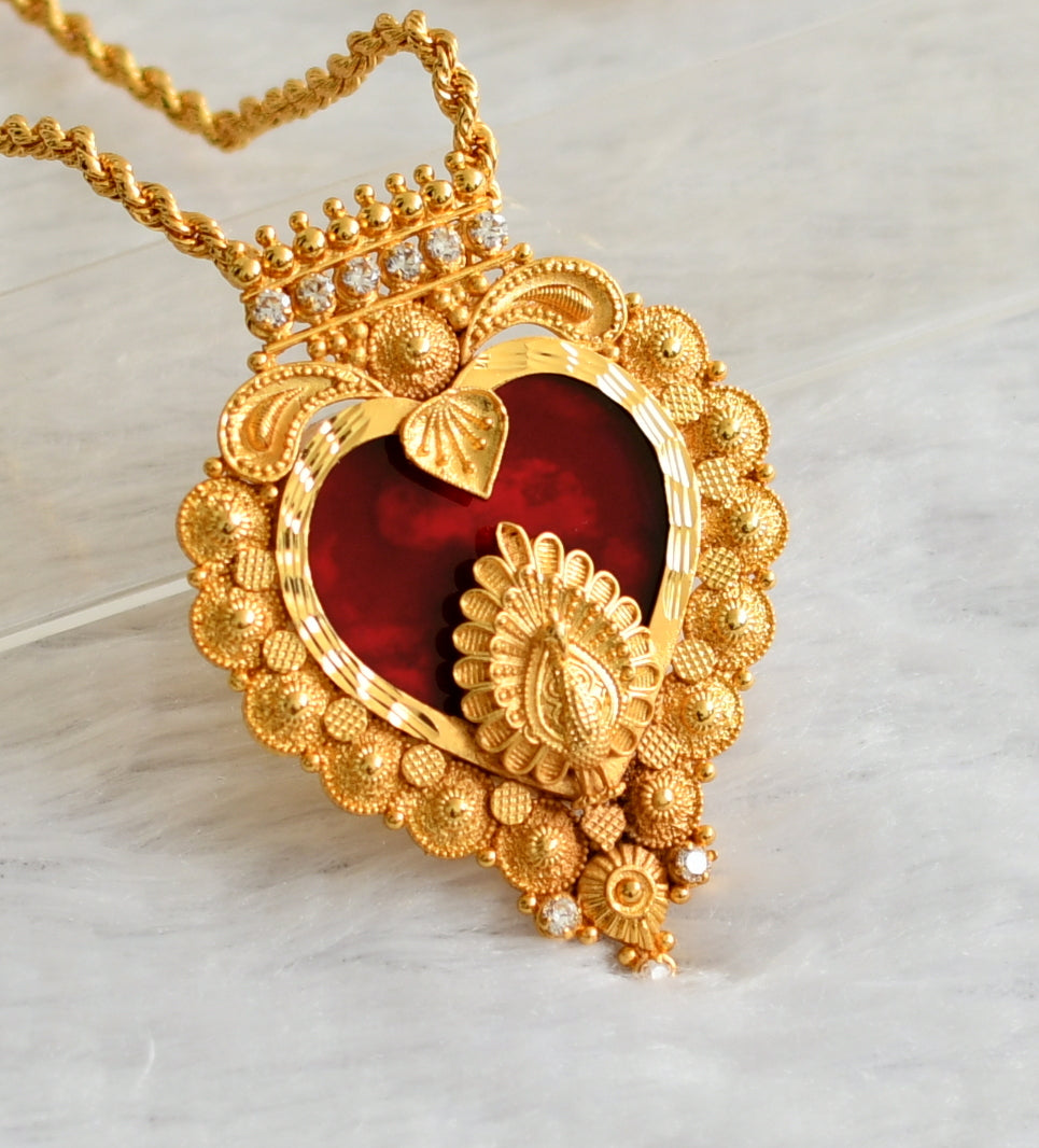 Gold tone 24 inches chain with white-red peacock kerala style heart pendant dj-46722