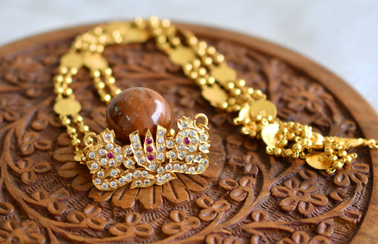 Gold tone 24 inches lakshmi coin chain with ad pink-white shanku-chakra-nama pendant dj-43454