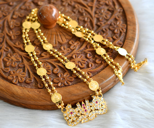 Gold tone 24 inches lakshmi coin chain with ad pink-white shanku-chakra-nama pendant dj-43454