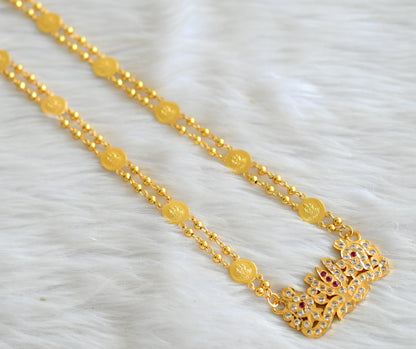 Gold tone 24 inches lakshmi coin chain with ad pink-white shanku-chakra-nama pendant dj-43454