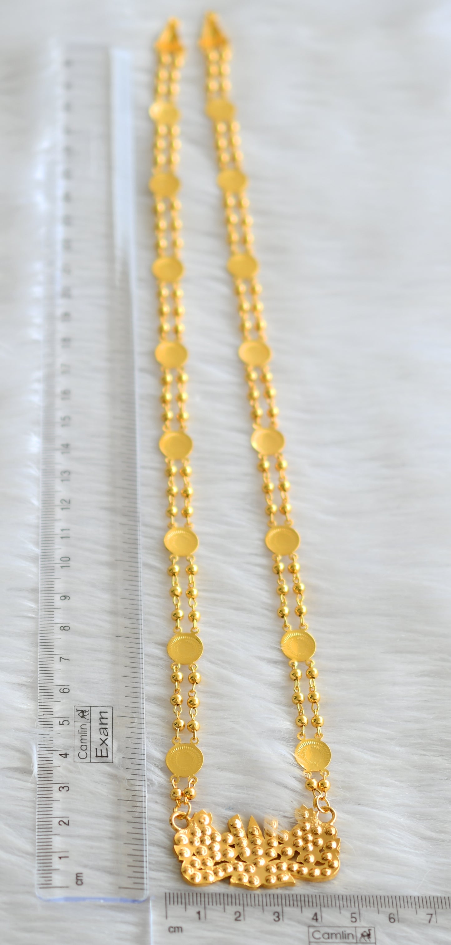 Gold tone 24 inches lakshmi coin chain with ad pink-white shanku-chakra-nama pendant dj-43454