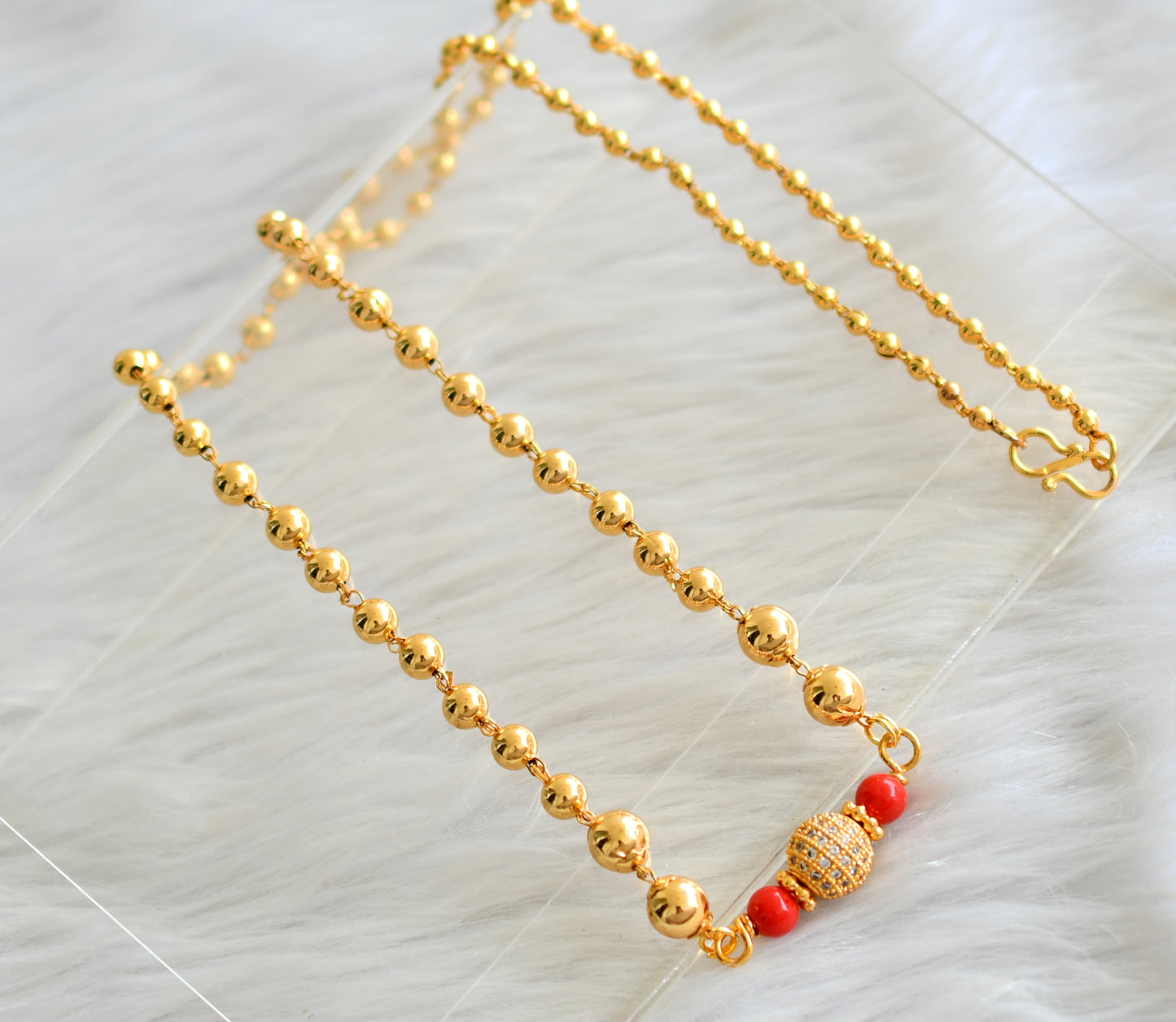 Gold tone coral-cz white ball pendant with ball chain dj-43455