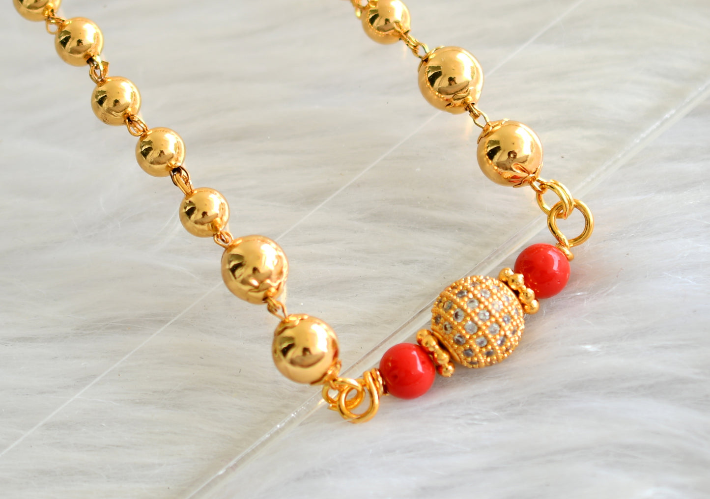 Gold tone coral-cz white ball pendant with ball chain dj-43455