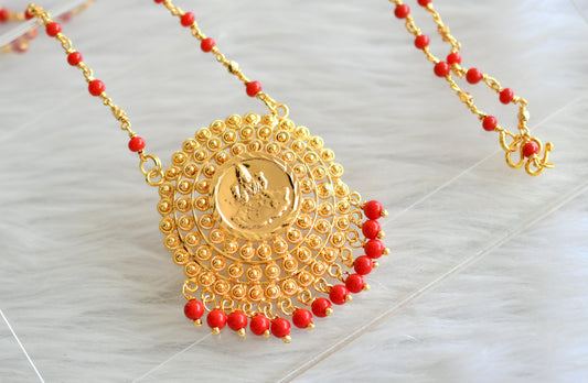Gold tone coral beaded chain with lakshmi round pendant dj-43452