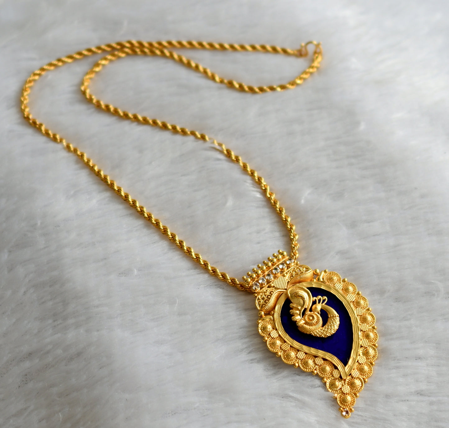 Gold tone 24 inches chain with white-blue mango peacock kerala style pendant dj-46724