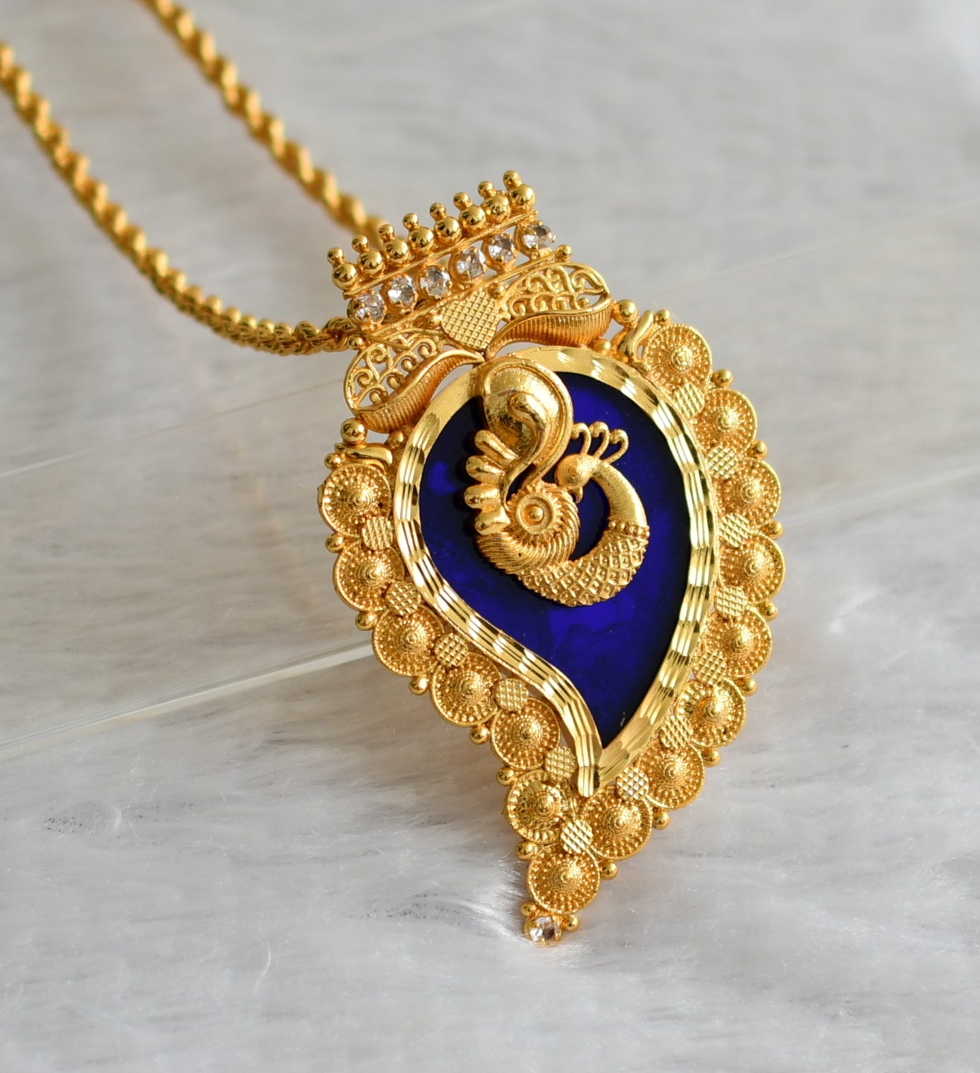 Gold tone 24 inches chain with white-blue mango peacock kerala style pendant dj-46724