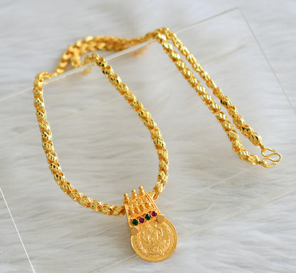 Gold tone 24 inches chain with pink-green lakshmi round pendant dj-43457