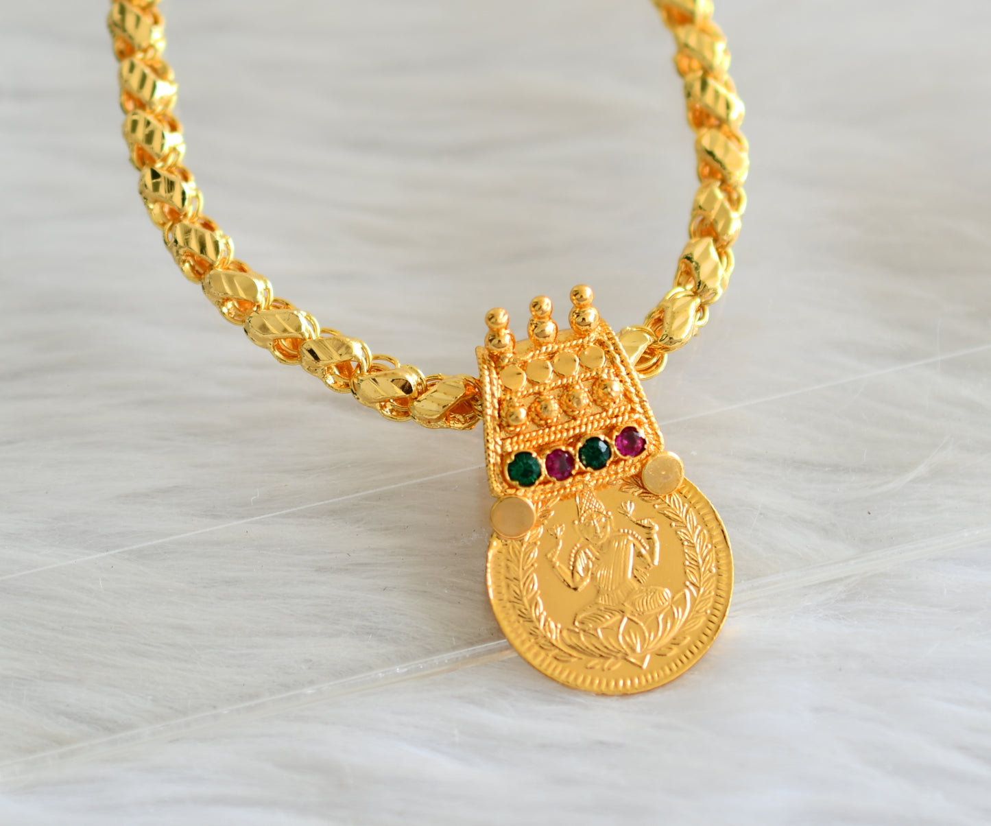 Gold tone 24 inches chain with pink-green lakshmi round pendant dj-43457