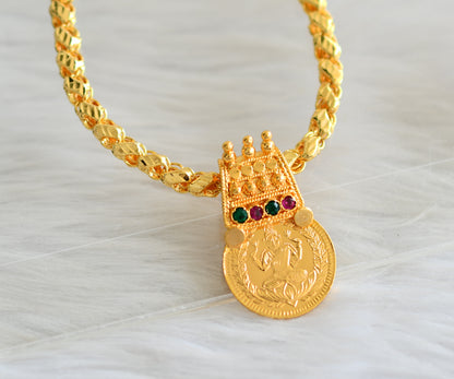 Gold tone 24 inches chain with pink-green lakshmi round pendant dj-43457