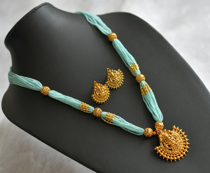 Matte finish kemp stone lakshmi sea blue beaded haar set dj-46716