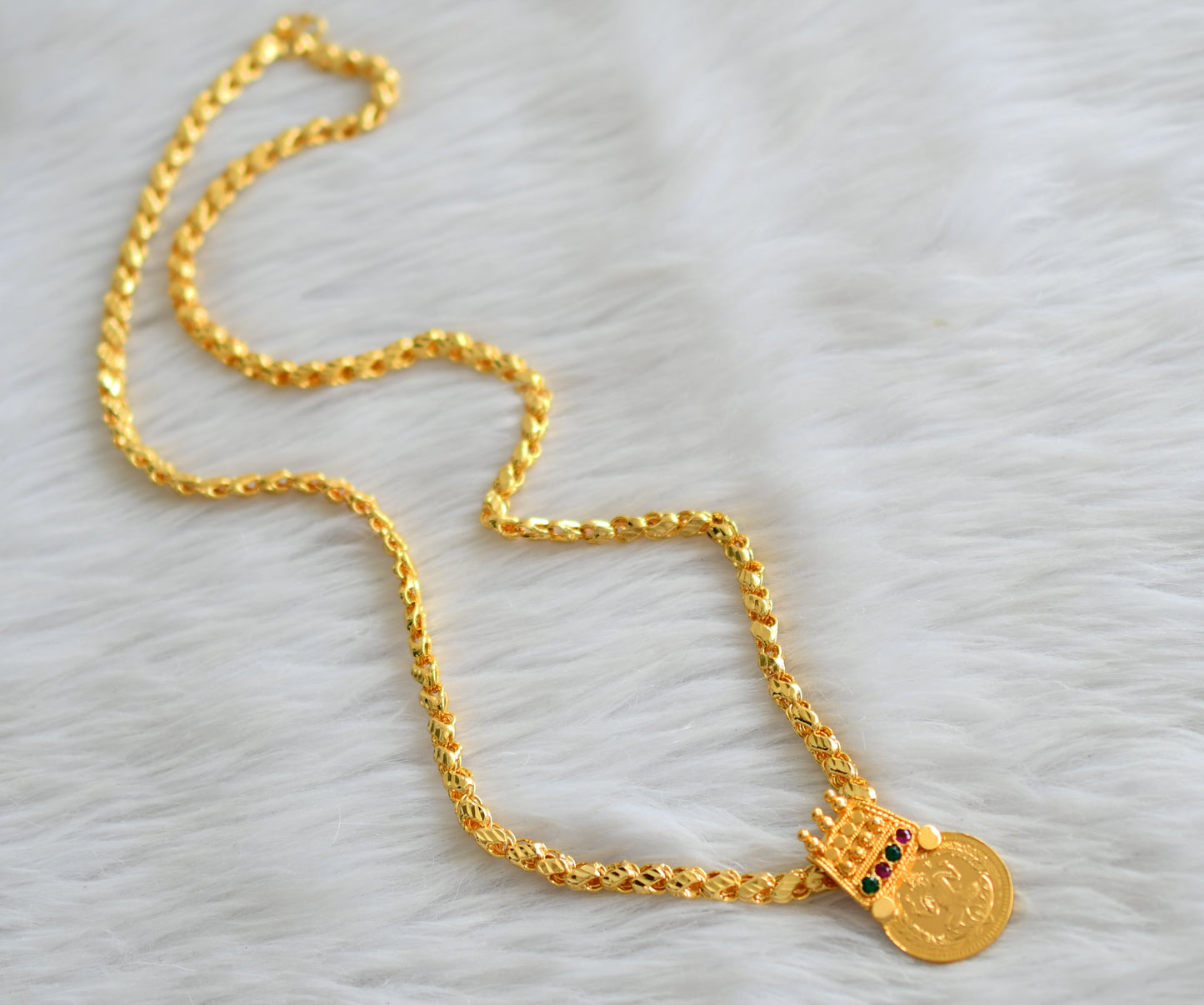 Gold tone 24 inches chain with pink-green lakshmi round pendant dj-43457
