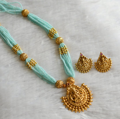 Matte finish kemp stone lakshmi sea blue beaded haar set dj-46716