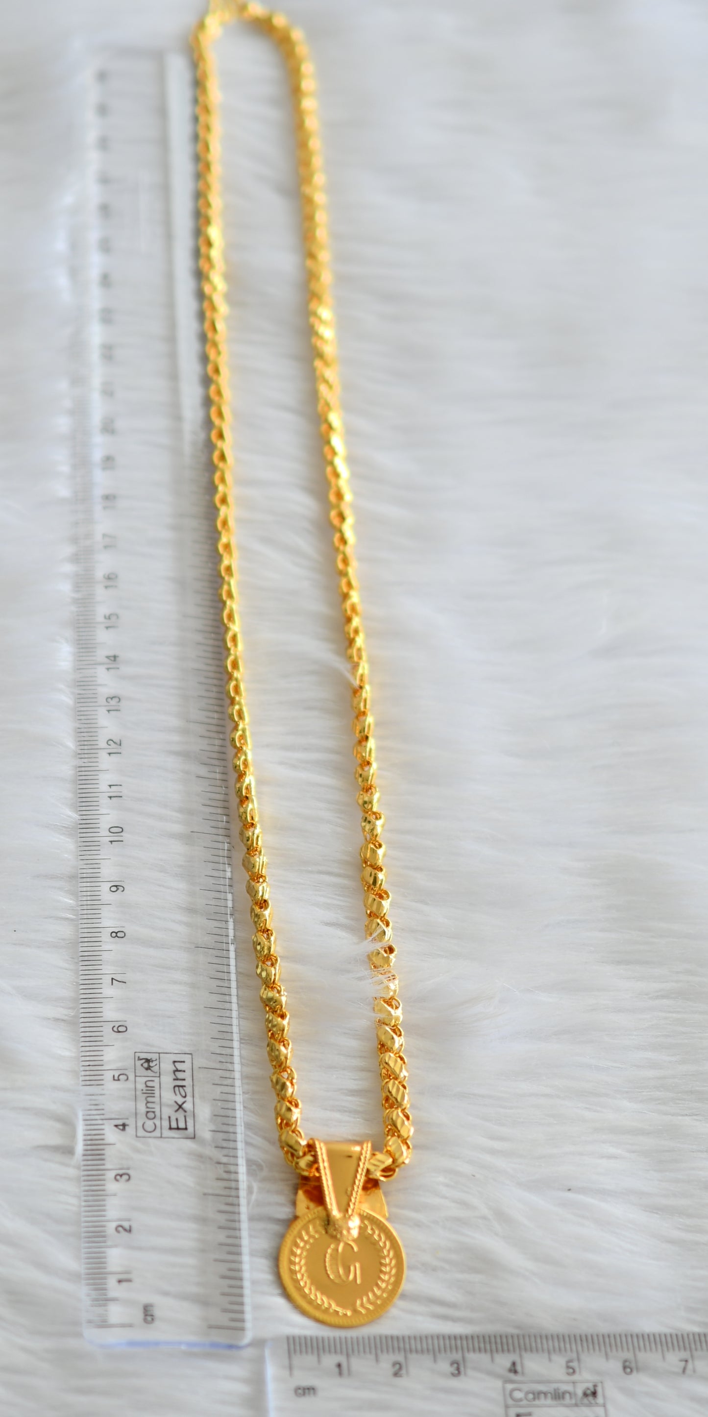 Gold tone 24 inches chain with pink-green lakshmi round pendant dj-43457