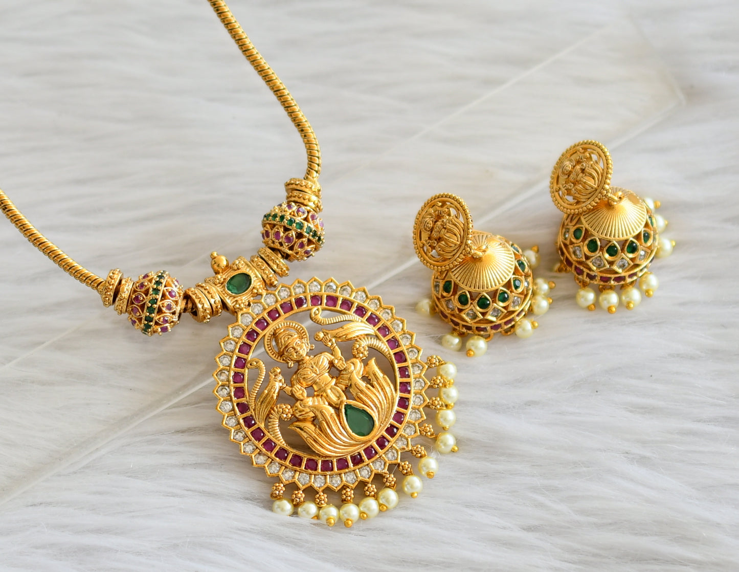 Matte finish ruby-green-white lakshmi necklace set dj-45027