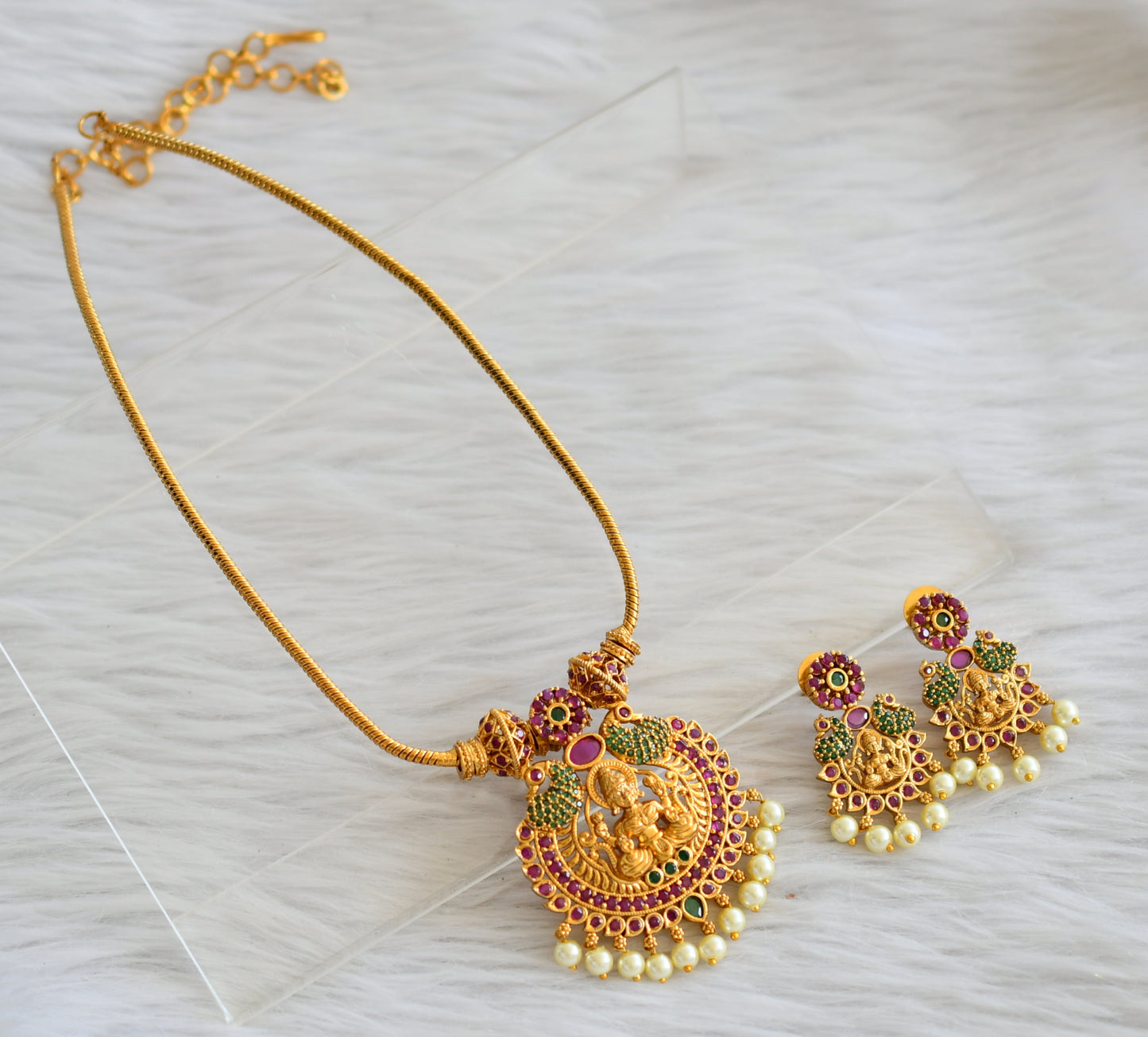 Matte finish ruby-green lakshmi-peacock necklace set dj-45026