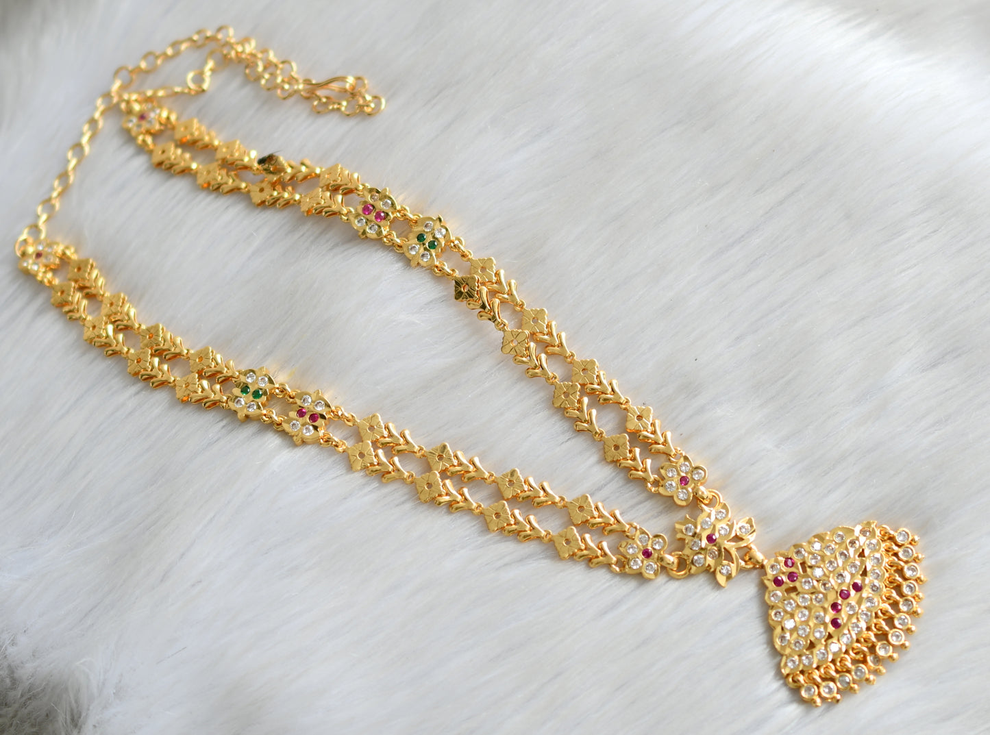 Gold tone ad ruby-white-green stone double layer south Indian style haar dj-42173