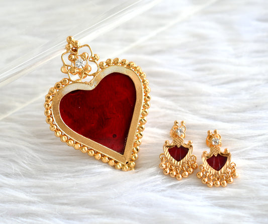 Gold tone kerala style red heart shape pendant with earrings dj-43461