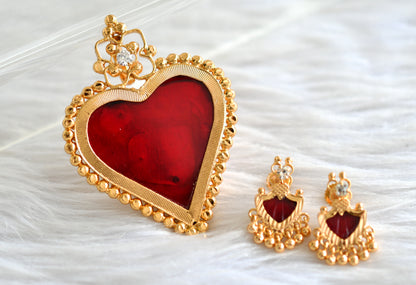 Gold tone kerala style red heart shape pendant with earrings dj-43461