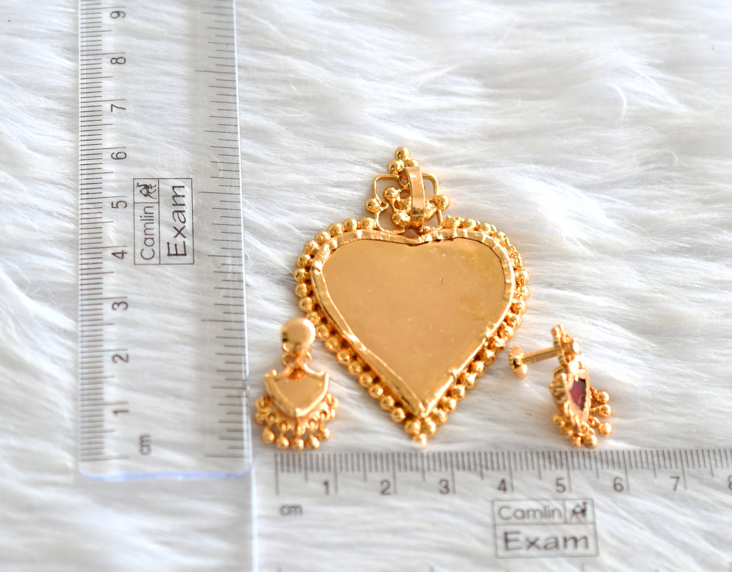 Gold tone kerala style red heart shape pendant with earrings dj-43461