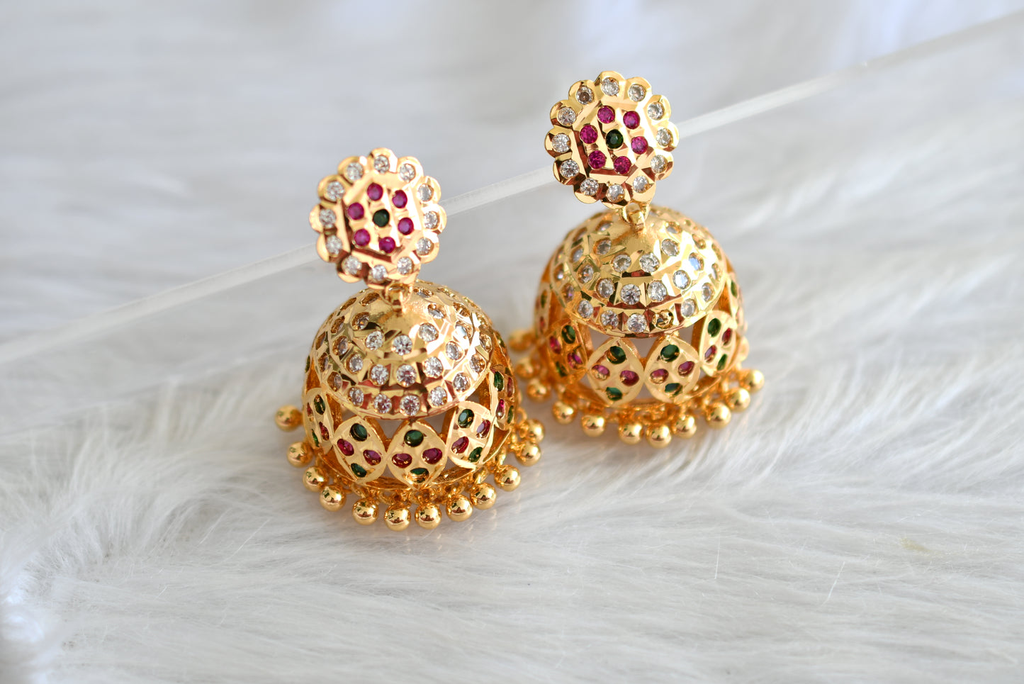 Gold tone south indian ad stone pink-green-white jhumkka dj-43480