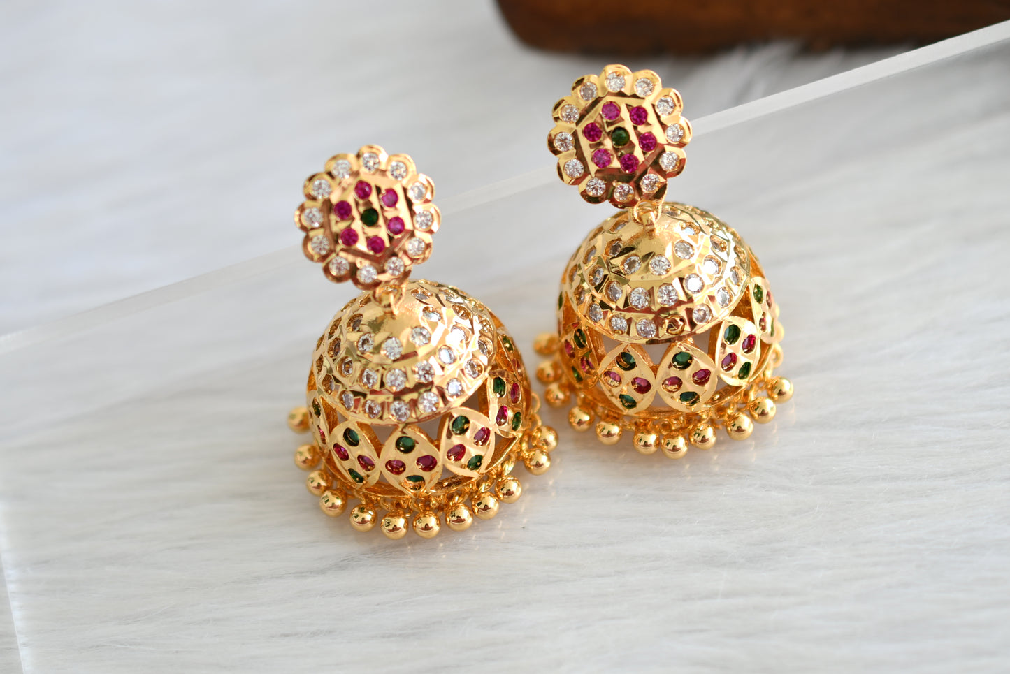 Gold tone south indian ad stone pink-green-white jhumkka dj-43480