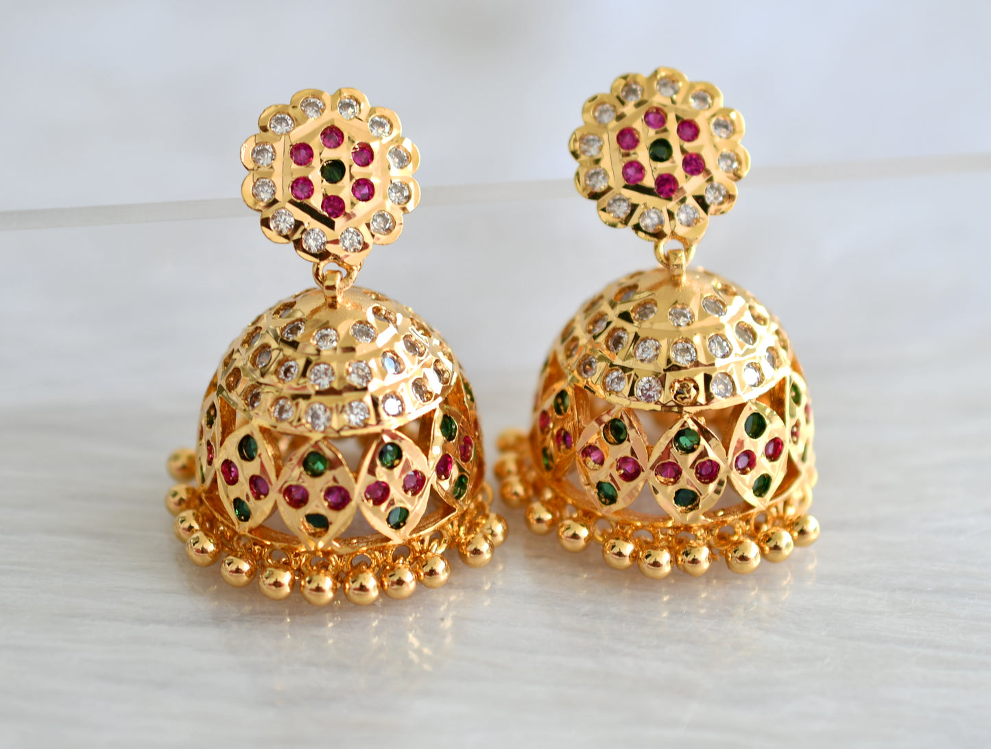 Gold tone south indian ad stone pink-green-white jhumkka dj-43480