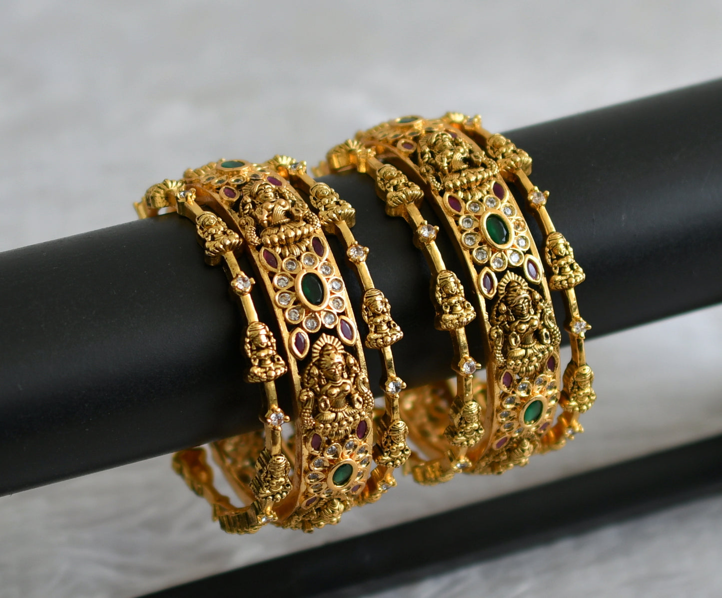 Antique gold tone  cz white-ruby-green lakshmi flower combo set of 6 bangles(2.4) dj-48477