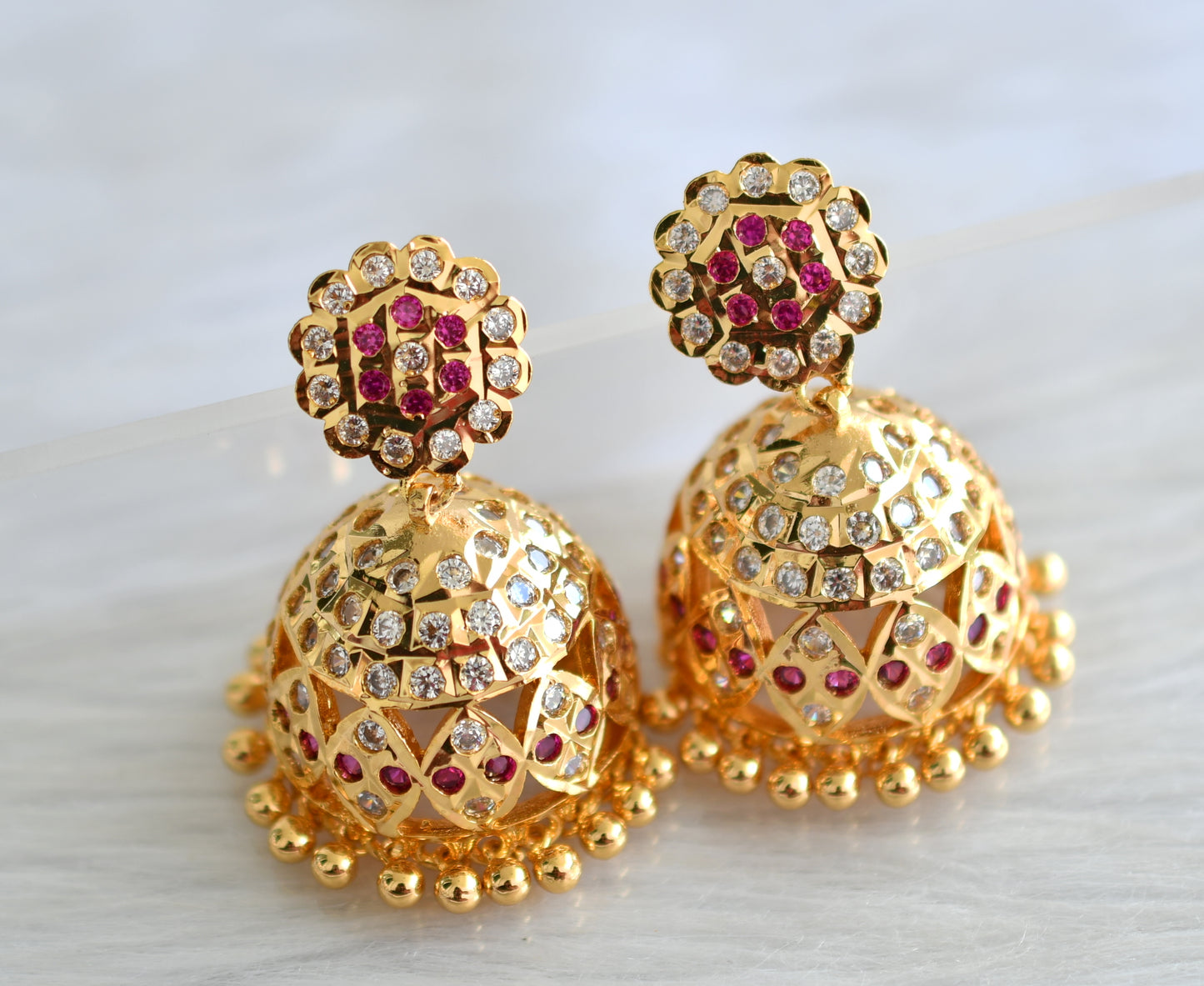 Gold tone south indian ad stone pink-white jhumkka dj-43481