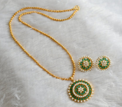 Gold tone 24 inches chain with emerald-pearl flower round pendant dj-46727