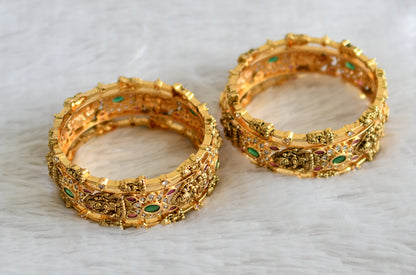 Antique gold tone  cz white-ruby-green lakshmi flower combo set of 6 bangles(2.4) dj-48477