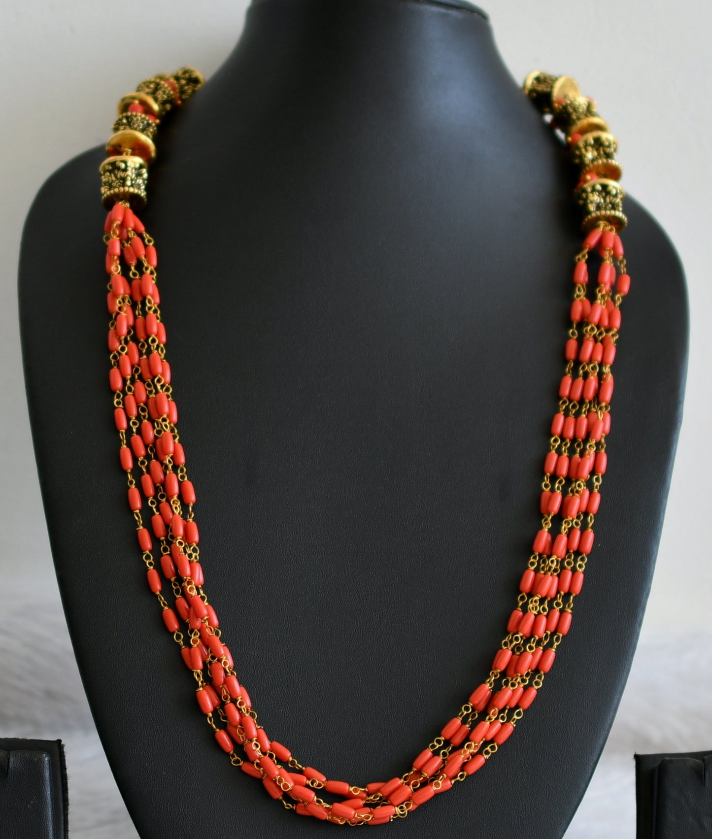 Antique gold tone coral beaded multi layer mala dj-48467