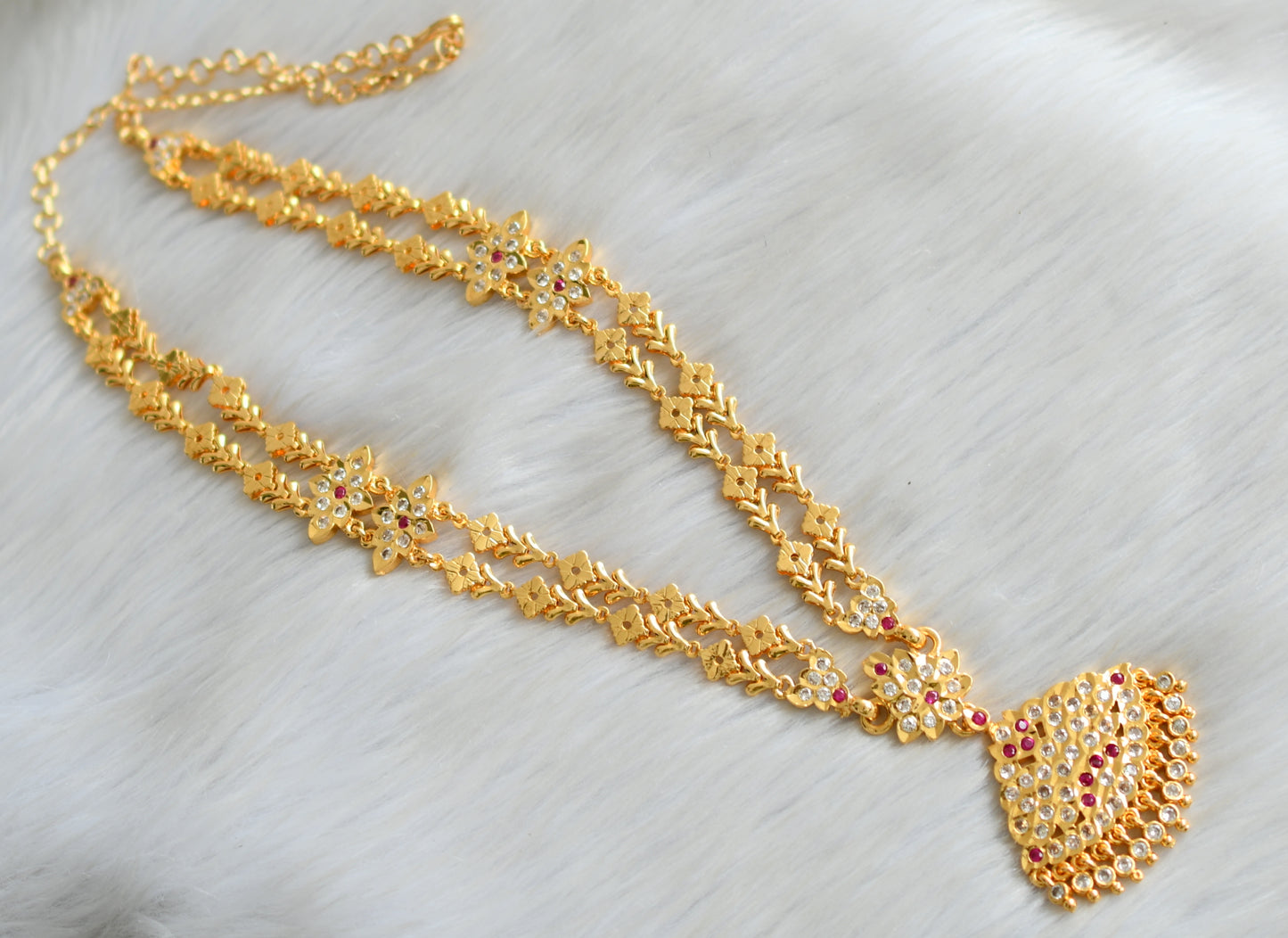 Gold tone ad ruby-white stone double layer south Indian style haar dj-42175
