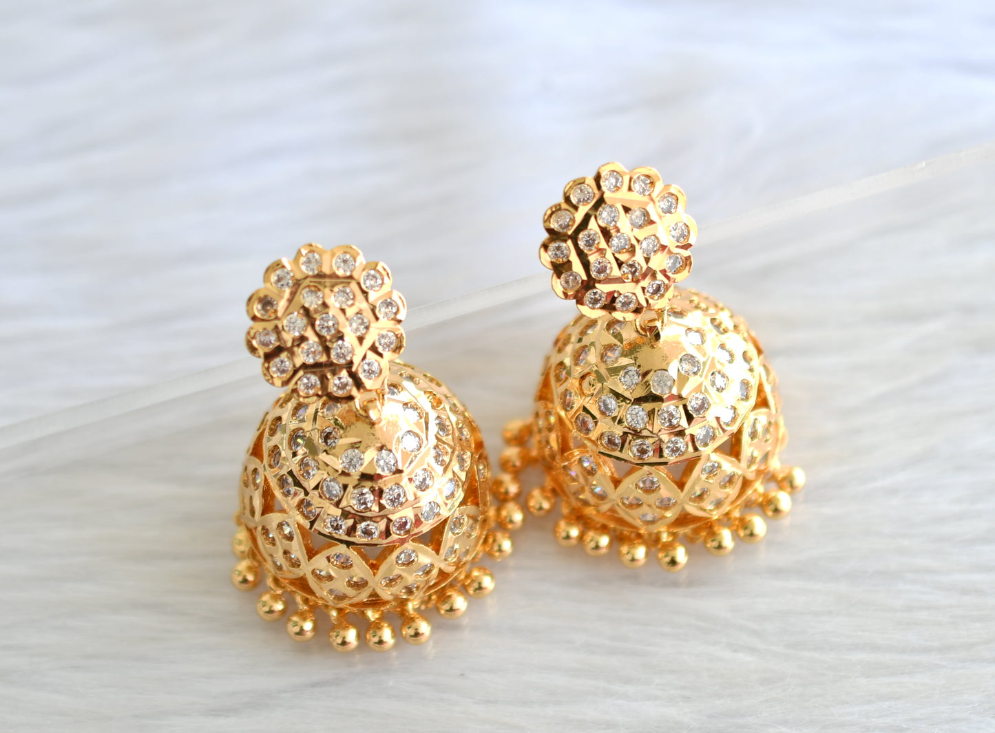 Gold tone south indian ad stone white jhumkka dj-43482