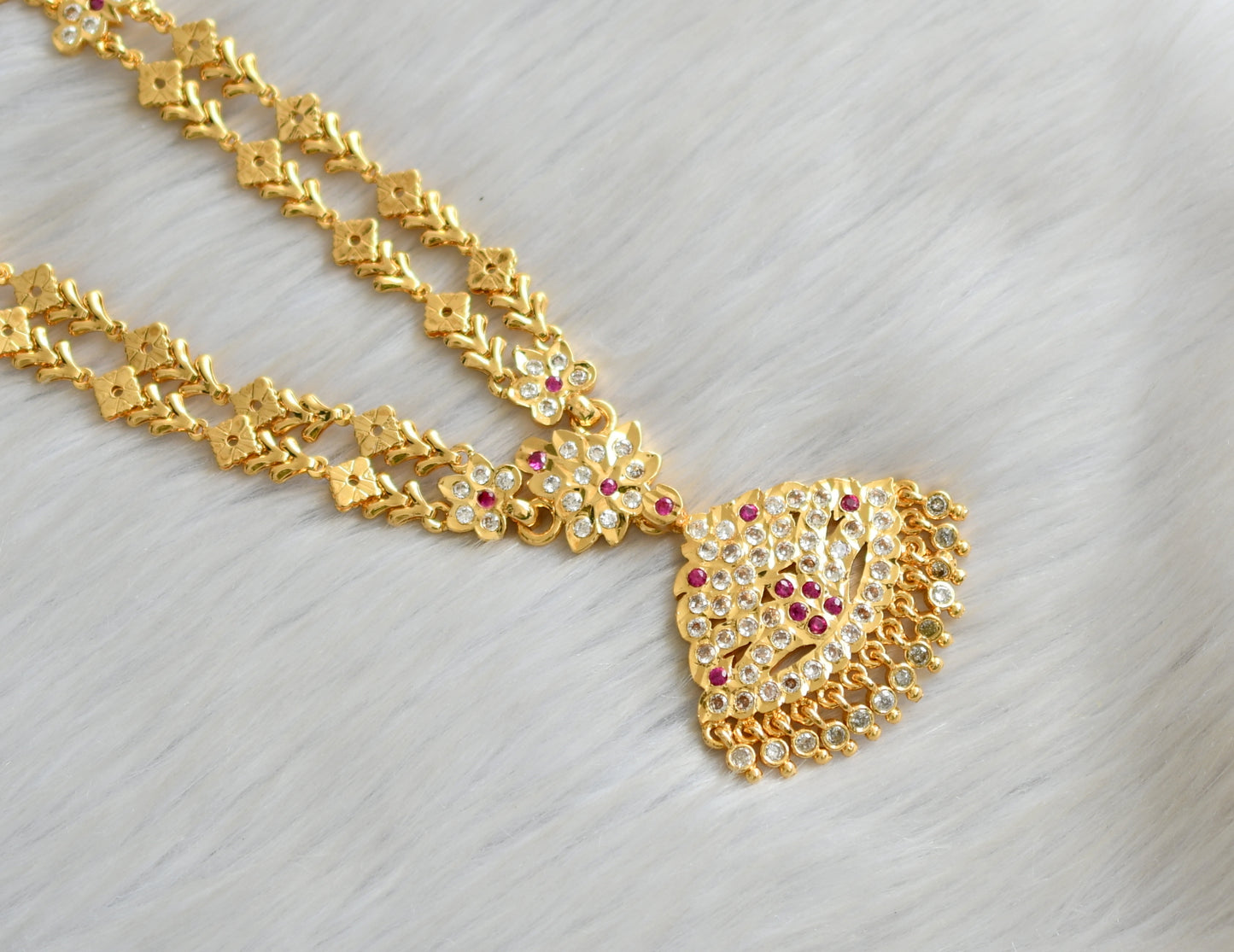 Gold tone ad ruby-white stone double layer south Indian style haar dj-42176