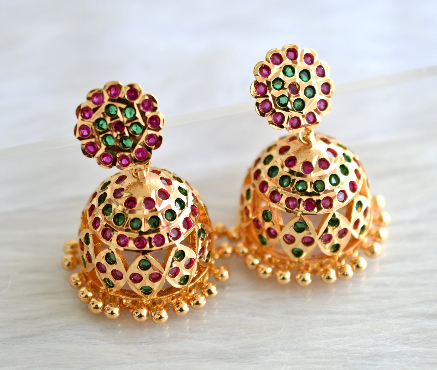 Gold tone south indian ad stone pink-green jhumkka dj-43479