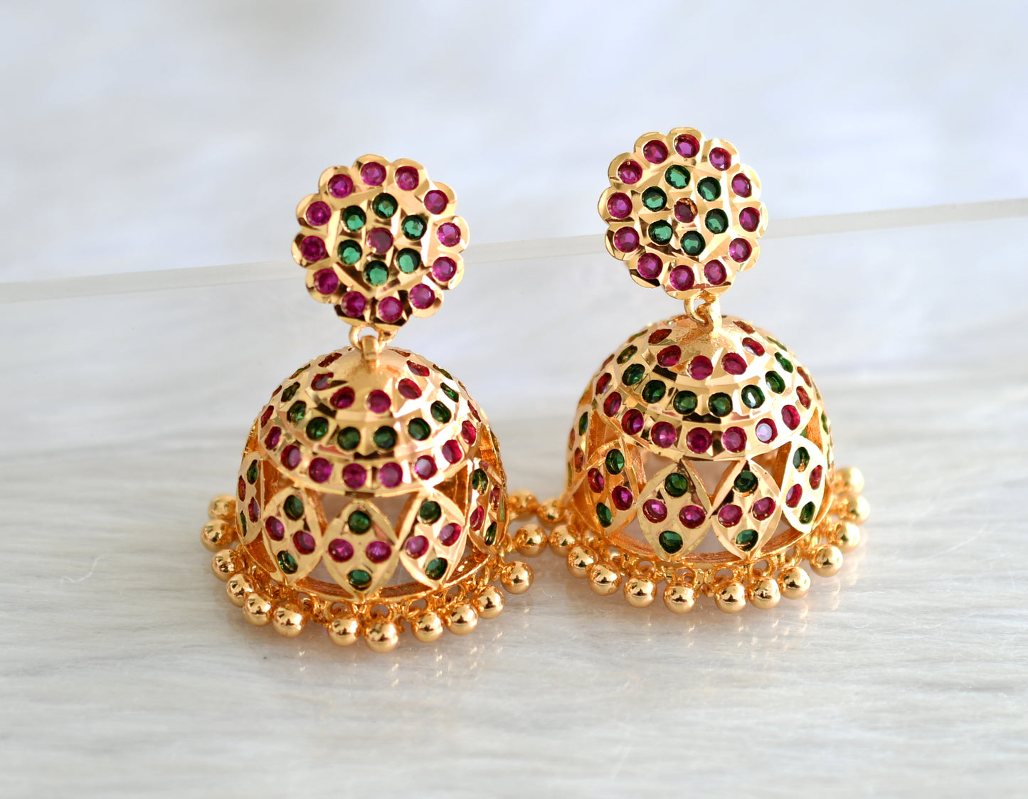 Gold tone south indian ad stone pink-green jhumkka dj-43479