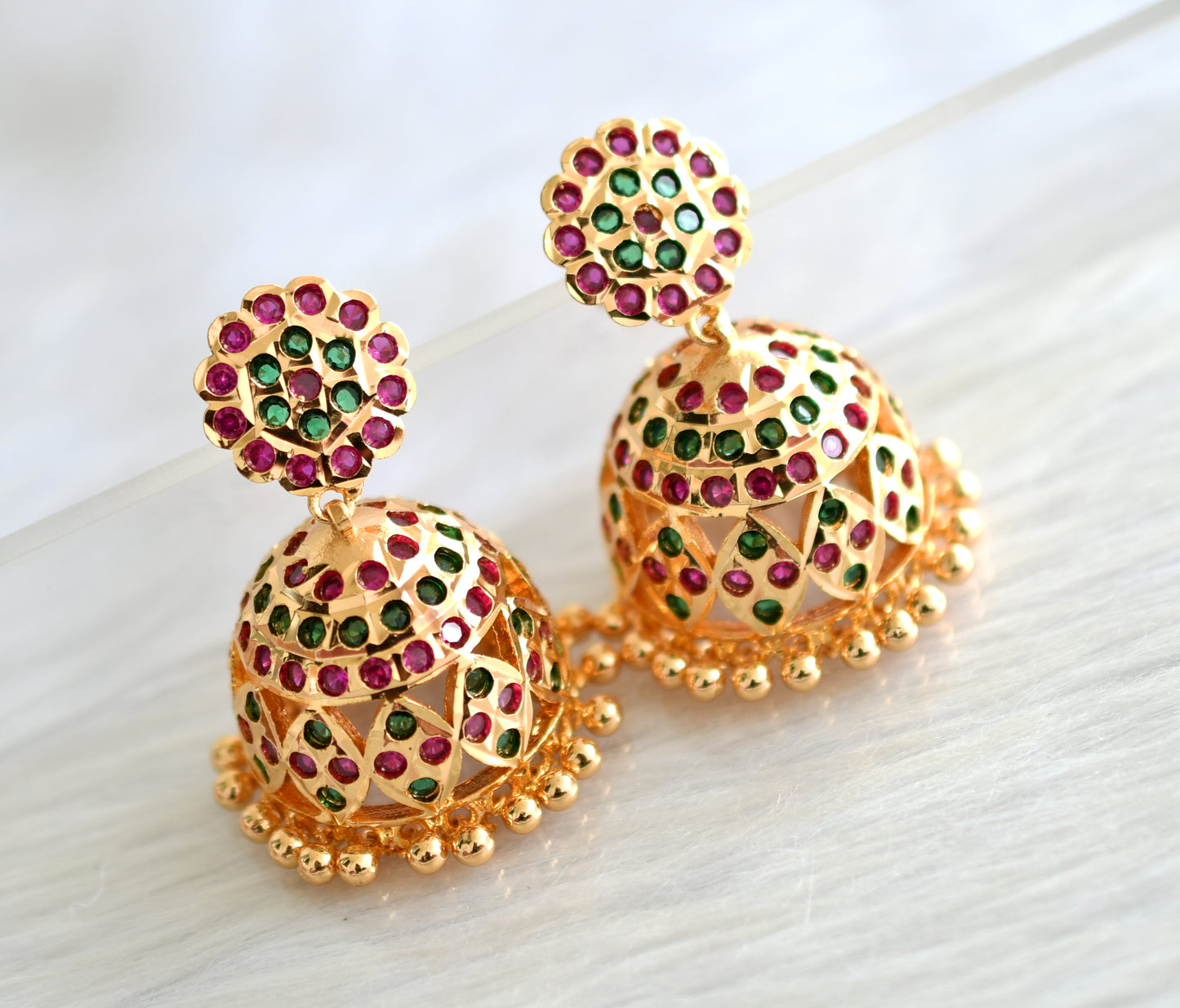 Gold tone south indian ad stone pink-green jhumkka dj-43479