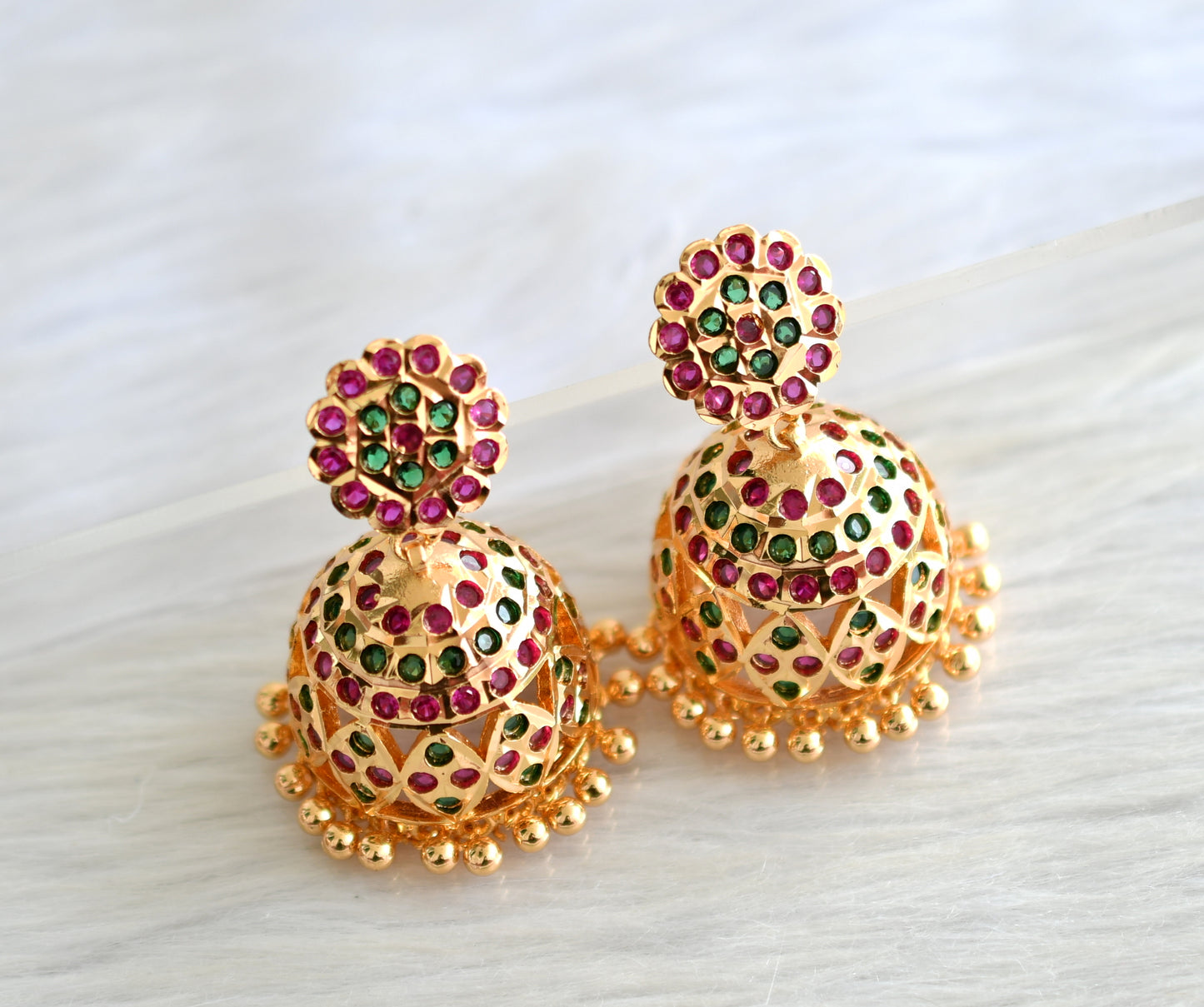 Gold tone south indian ad stone pink-green jhumkka dj-43479