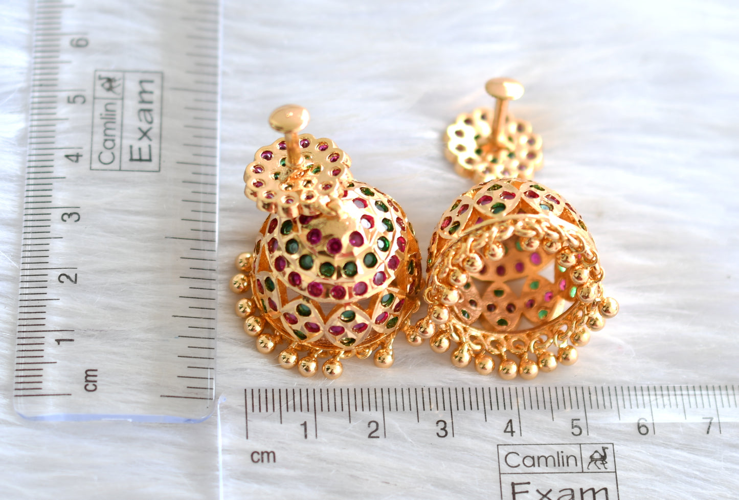 Gold tone south indian ad stone pink-green jhumkka dj-43479