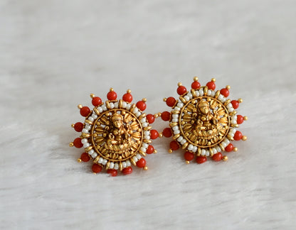 Matte finish coral-pearl beaded big lakshmi stud dj-48484