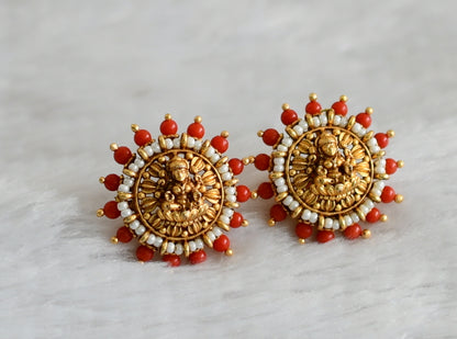 Matte finish coral-pearl beaded big lakshmi stud dj-48484