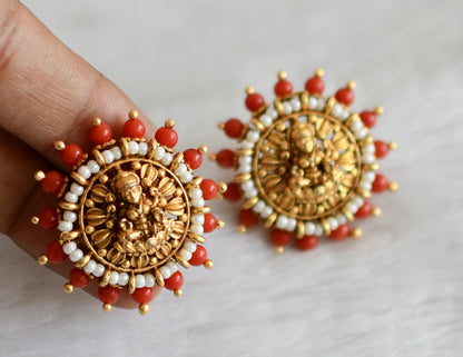 Matte finish coral-pearl beaded big lakshmi stud dj-48484