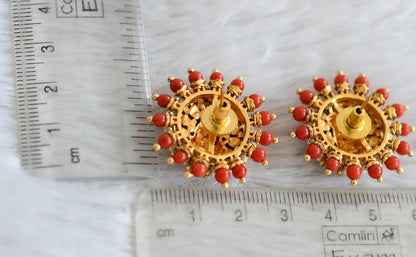 Matte finish coral-pearl beaded big lakshmi stud dj-48484