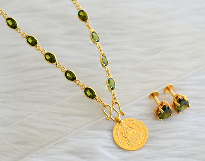 Gold tone 24 inches olive green stone chain with lakshmi coin pendant set dj-45036
