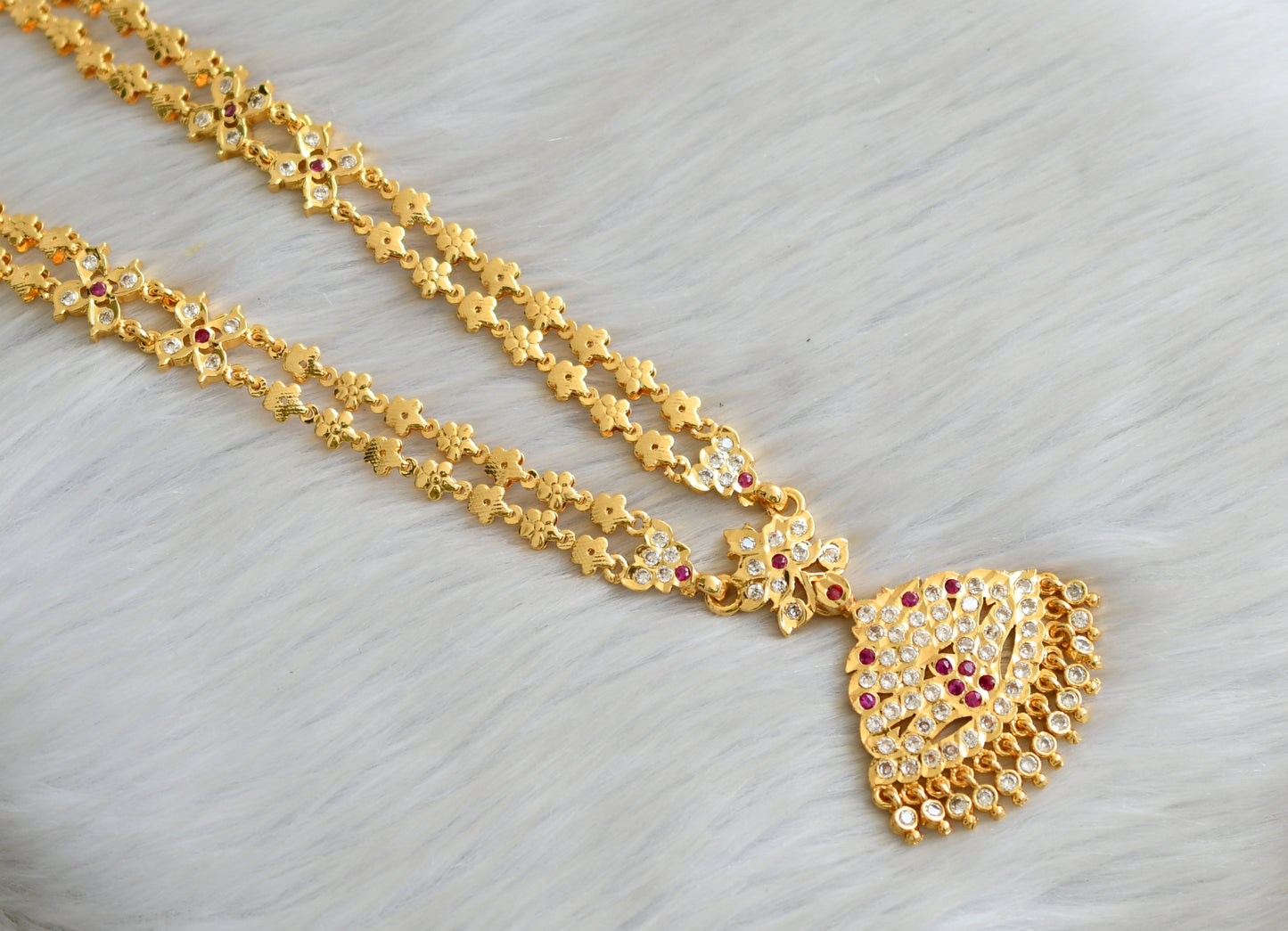 Gold tone ad ruby-white stone double layer south Indian style haar dj-42181