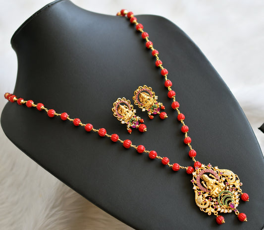 Gold tone coral pumpkin beaded ruby-green-white lakshmi necklace set dj-45049