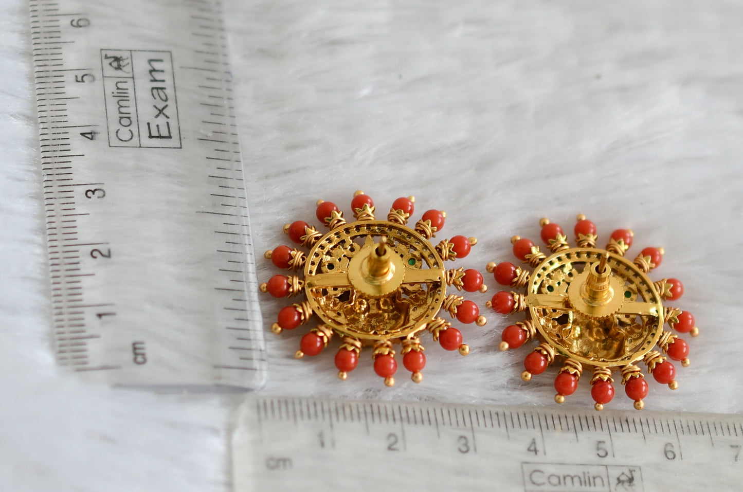 Matte finish cz white-coral beaded big lakshmi stud dj-48488